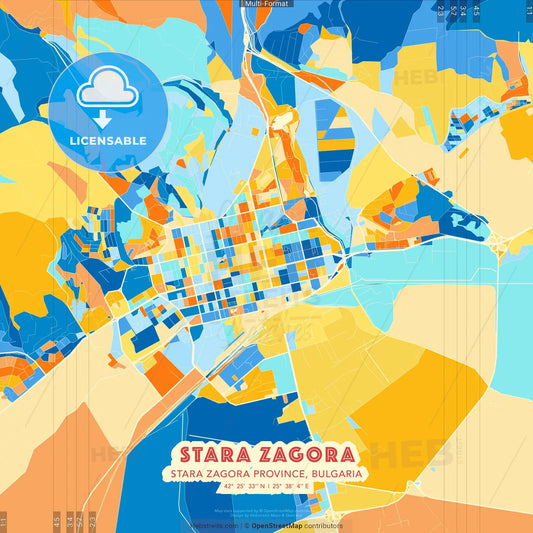 Stara Zagora, Stara Zagora Province, Bulgaria blue and orange vector art map template
