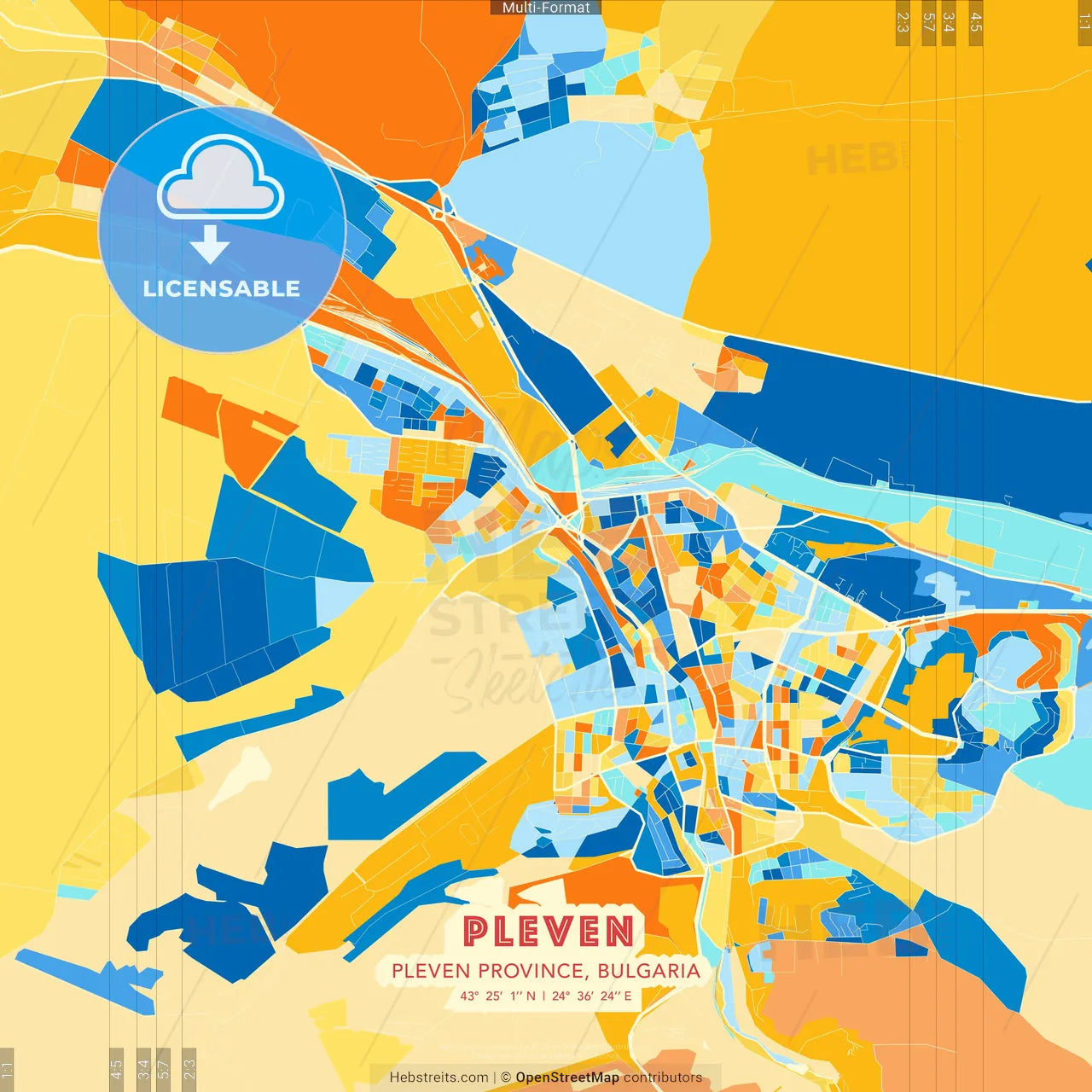 Pleven, Pleven Province, Bulgaria blue and orange vector art map template