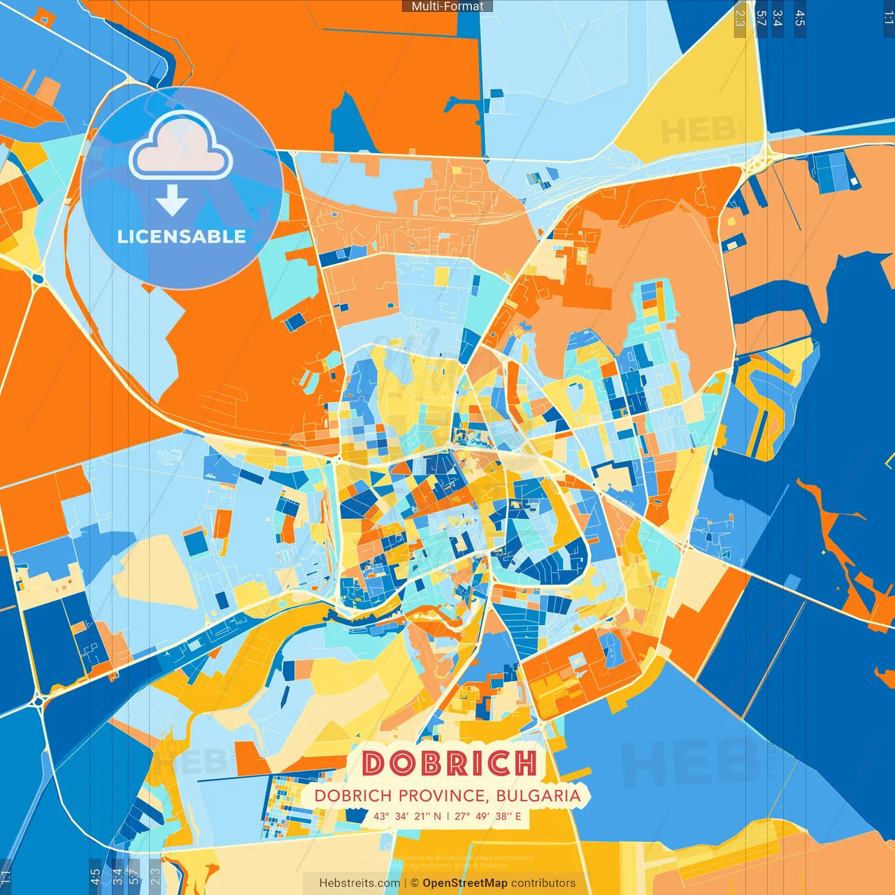 Dobrich, Dobrich Province, Bulgaria blue and orange vector art map template