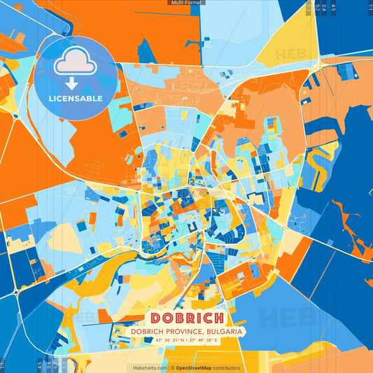Dobrich, Dobrich Province, Bulgaria blue and orange vector art map template