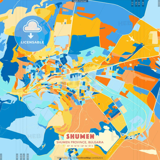 Shumen, Shumen Province, Bulgaria blue and orange vector art map template
