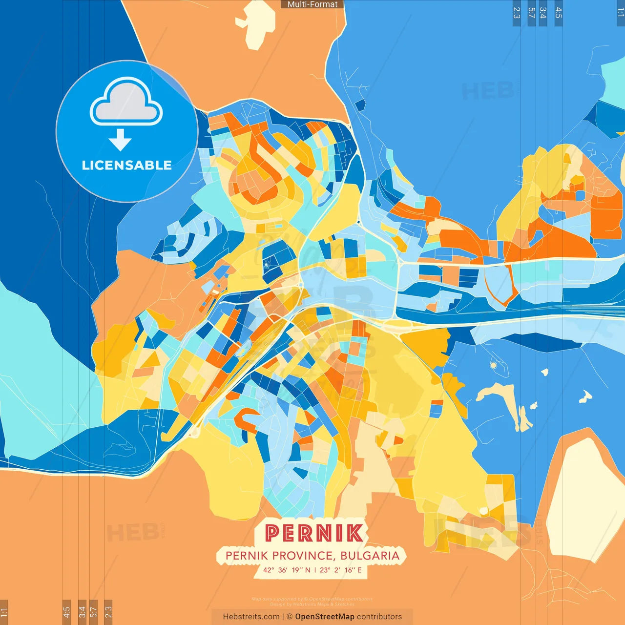 Pernik, Pernik Province, Bulgaria blue and orange vector art map template