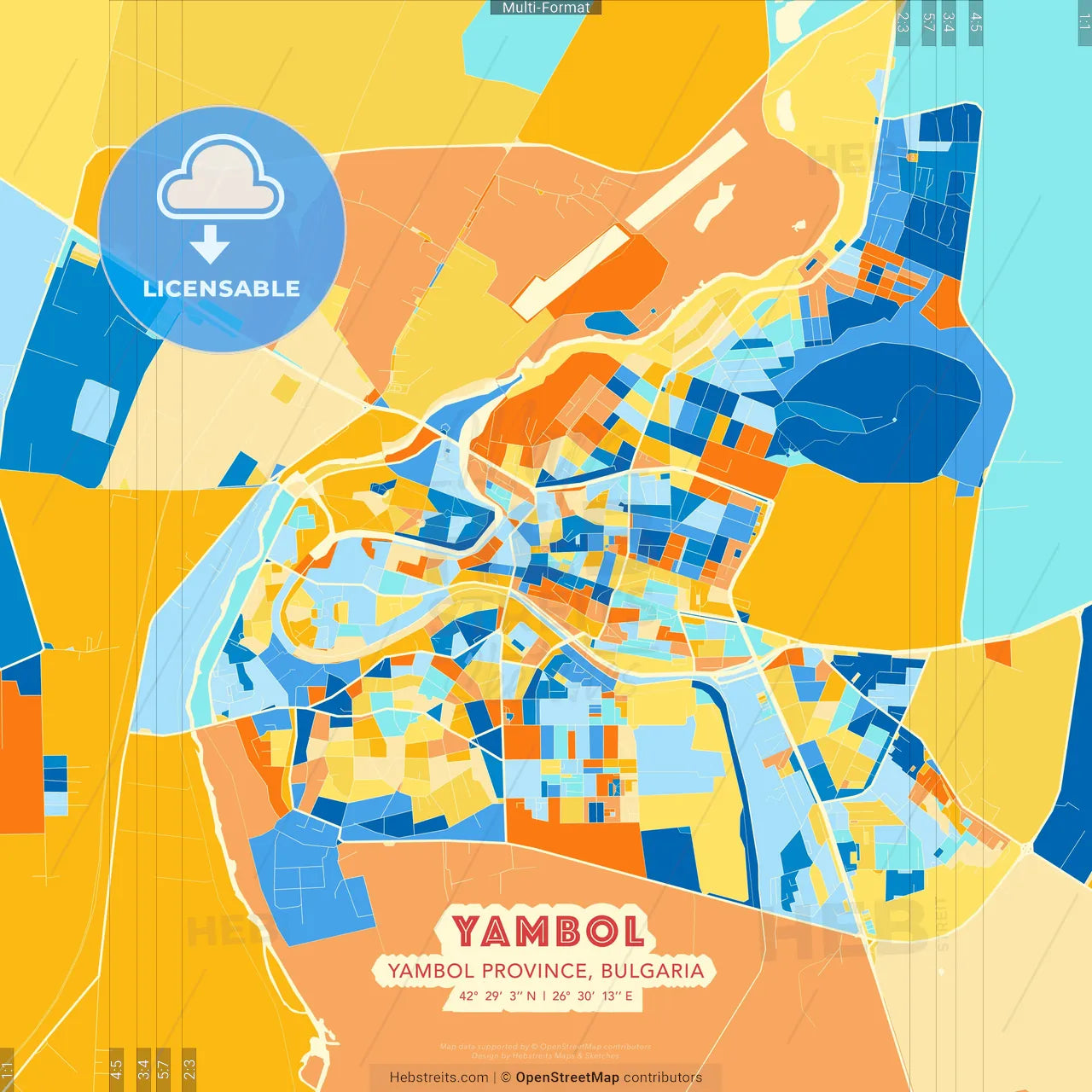 Yambol, Yambol Province, Bulgaria blue and orange vector art map template