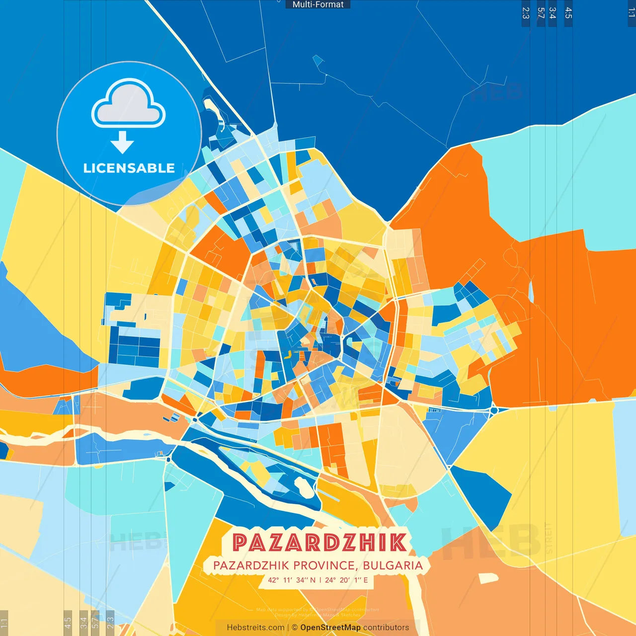 Pazardzhik, Pazardzhik Province, Bulgaria blue and orange vector art map template