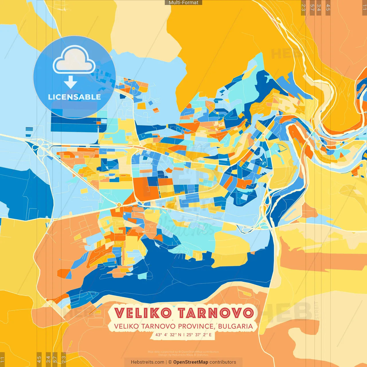 Veliko Tarnovo, Veliko Tarnovo Province, Bulgaria blue and orange vector art map template