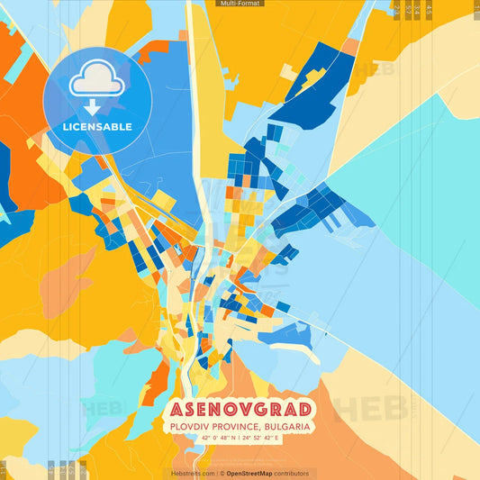 Asenovgrad, Plovdiv Province, Bulgaria blue and orange vector art map template