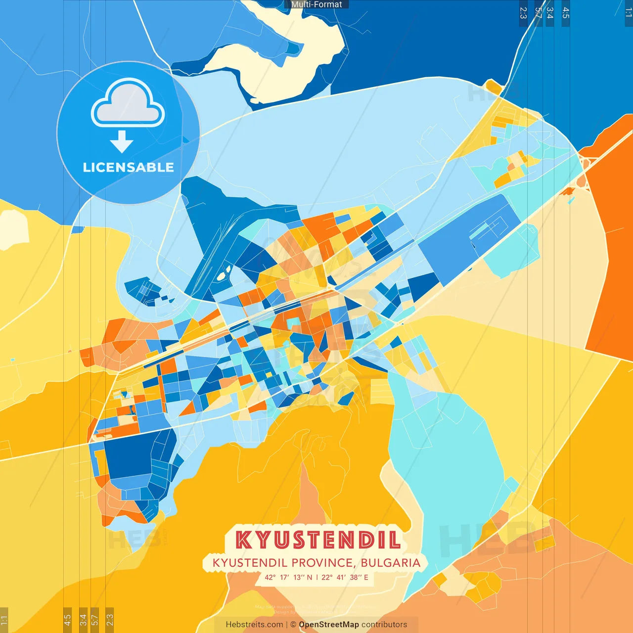 Kyustendil, Kyustendil Province, Bulgaria blue and orange vector art map template