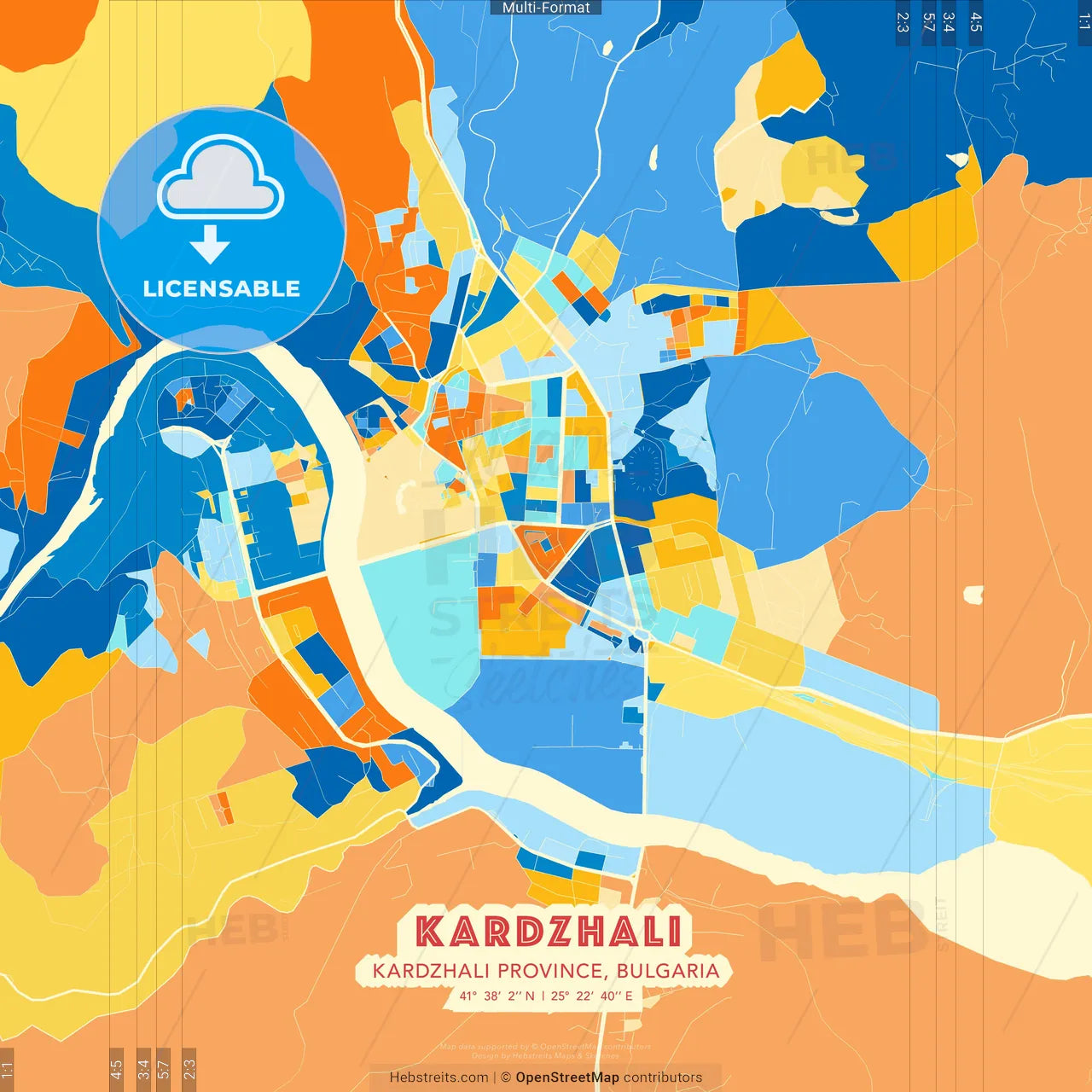 Kardzhali, Kardzhali Province, Bulgaria blue and orange vector art map template