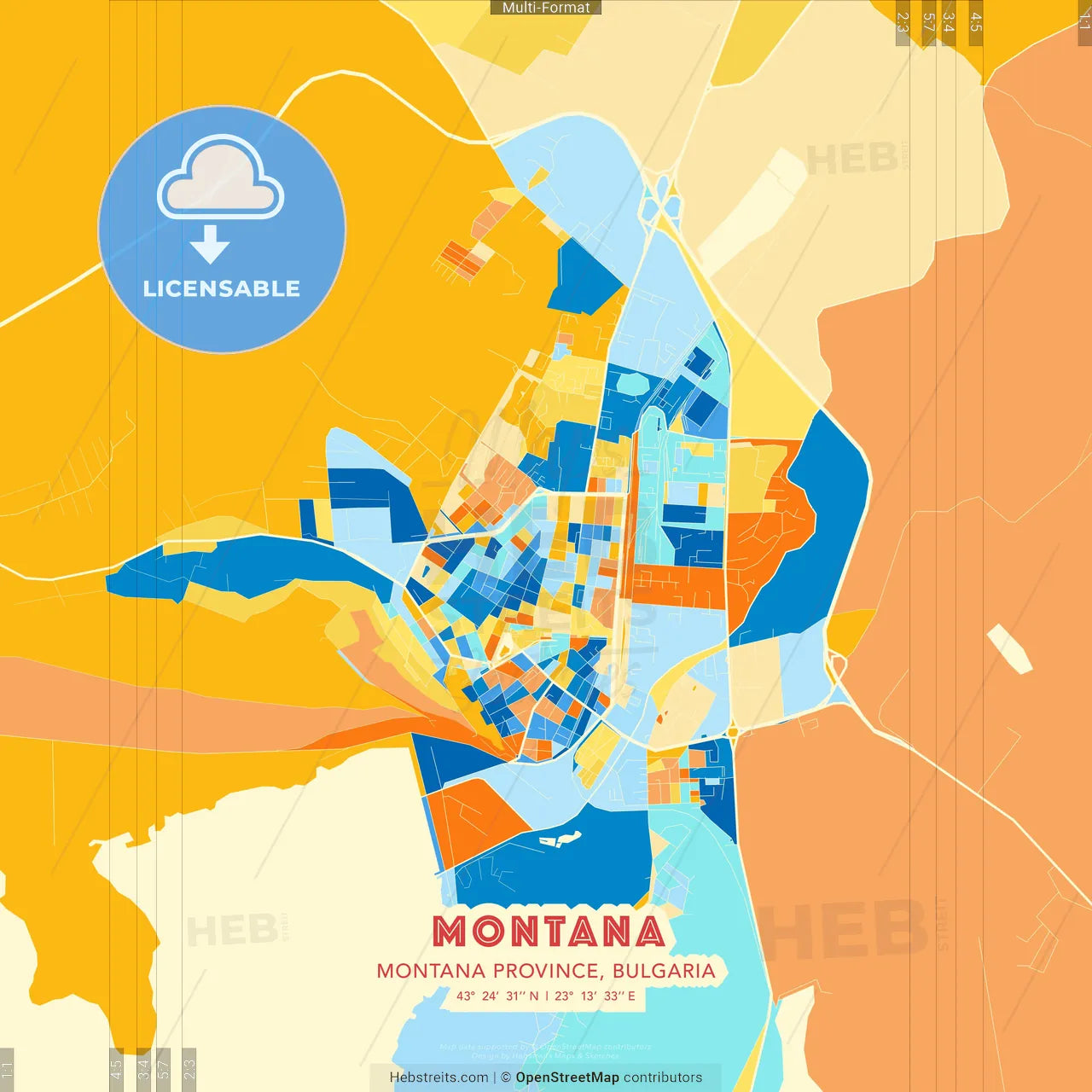 Montana, Montana Province, Bulgaria blue and orange vector art map template