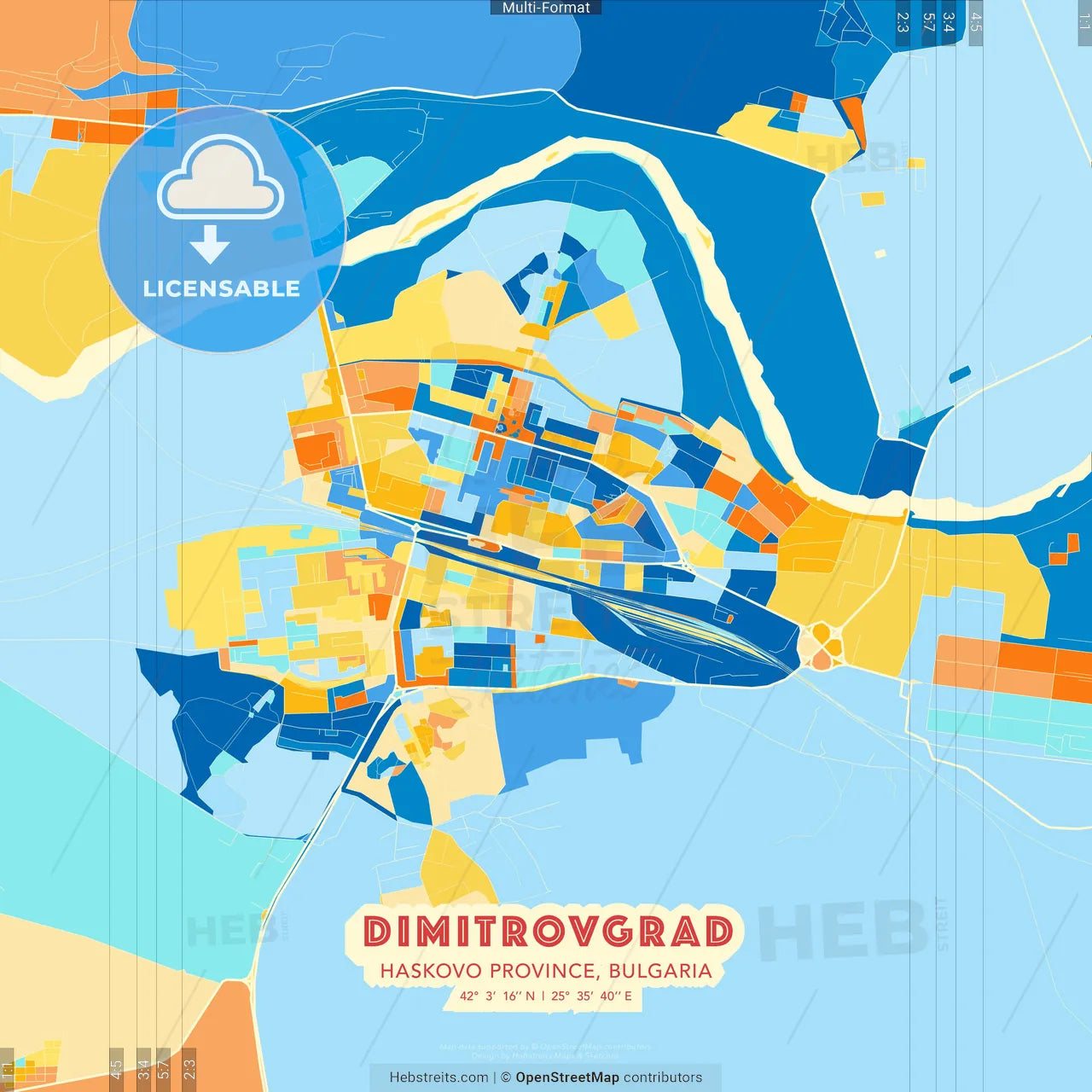 Dimitrovgrad, Haskovo Province, Bulgaria blue and orange vector art map template