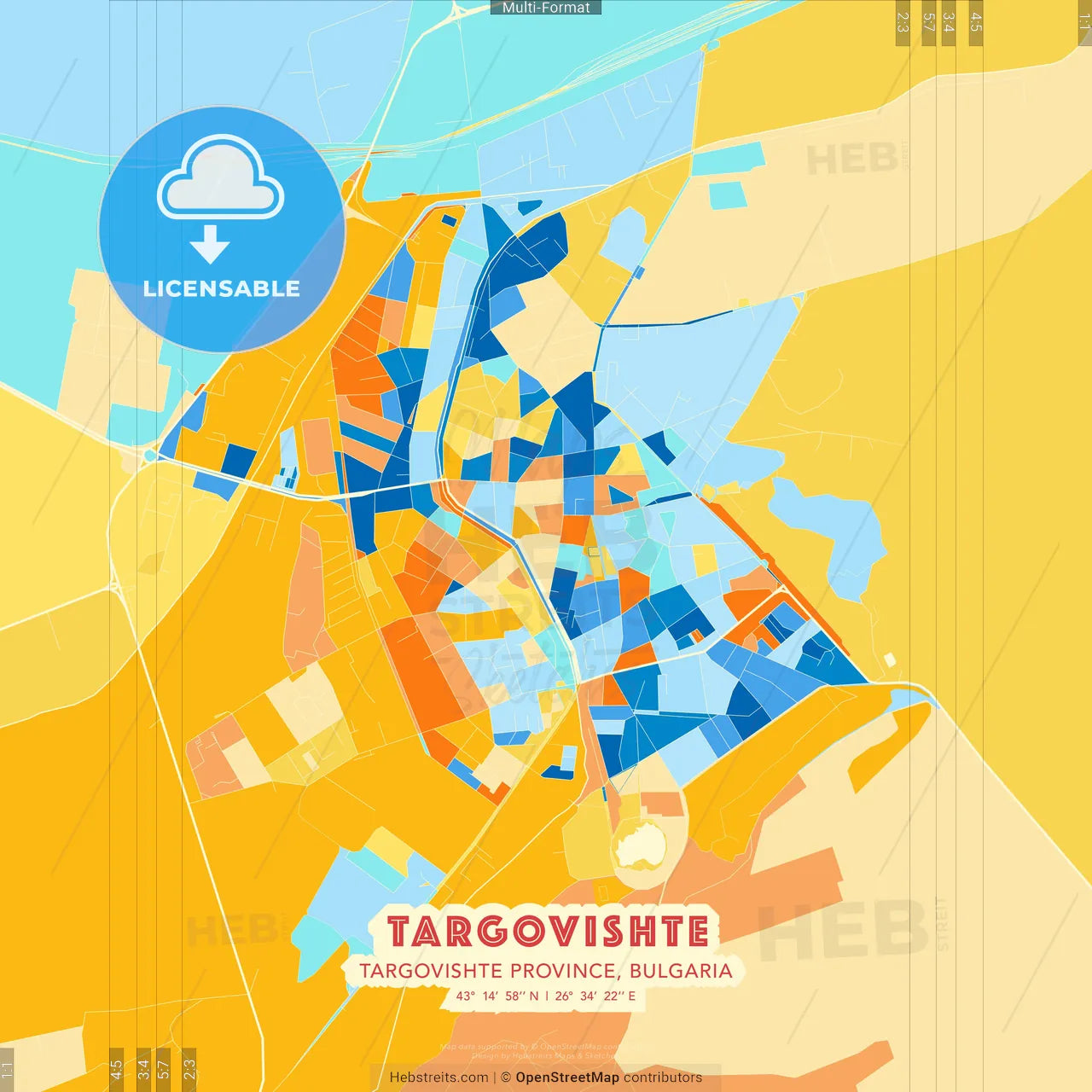 Targovishte, Targovishte Province, Bulgaria blue and orange vector art map template