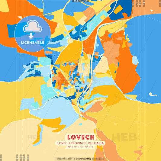Lovech, Lovech Province, Bulgaria blue and orange vector art map template