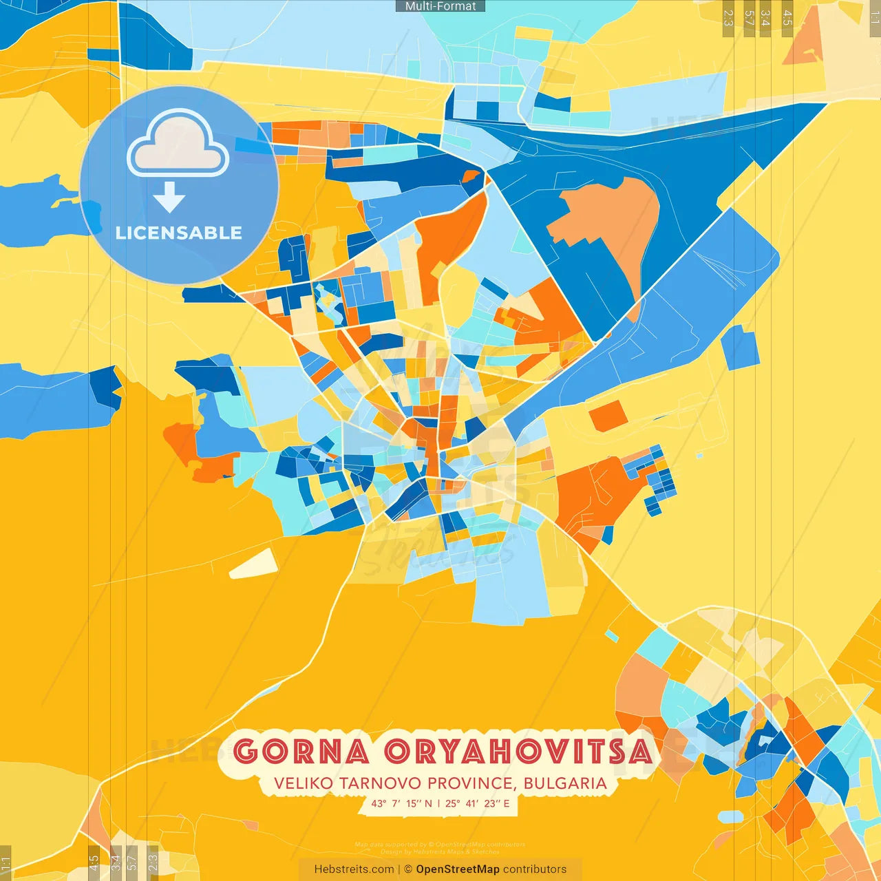 Gorna Oryahovitsa, Veliko Tarnovo Province, Bulgaria blue and orange vector art map template