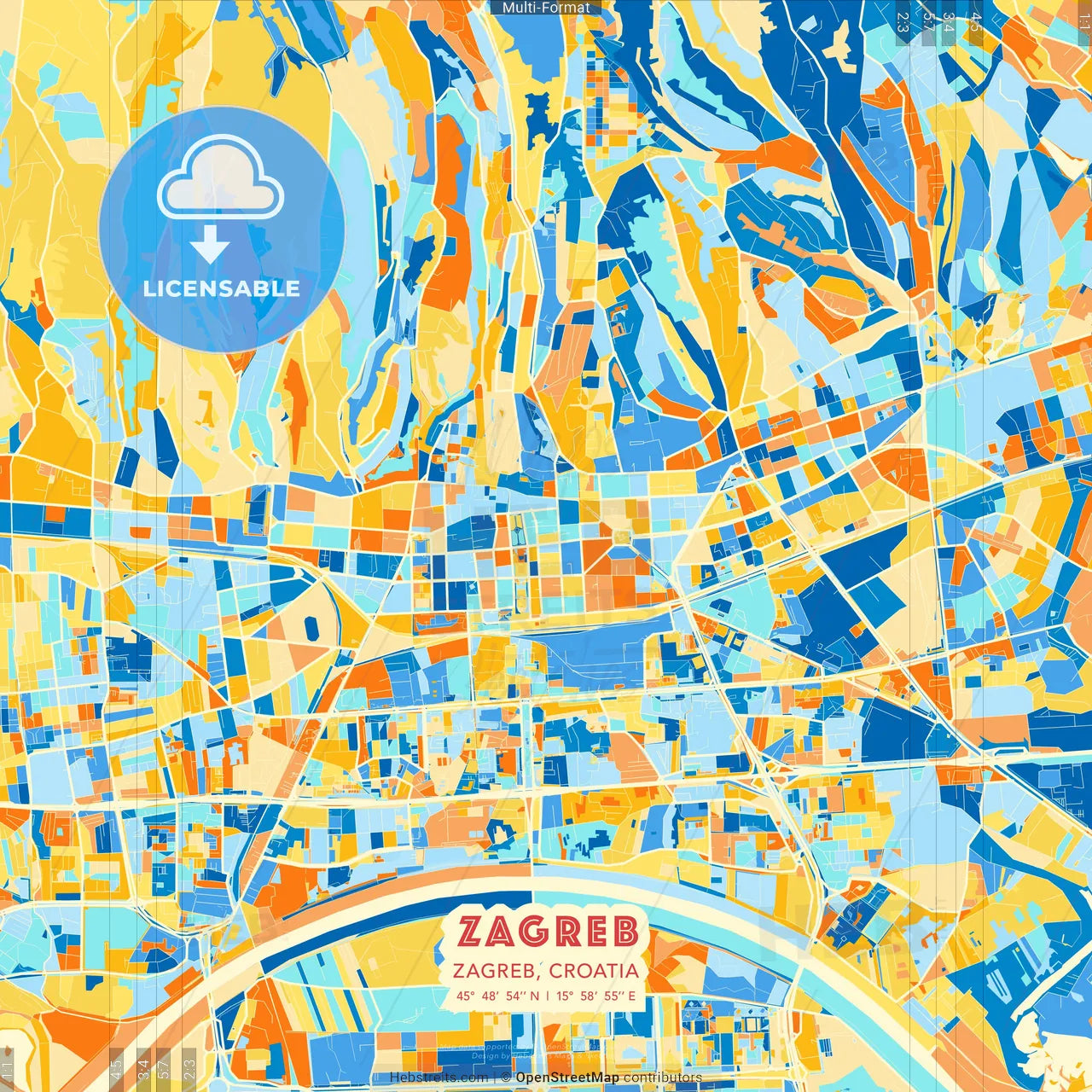 Zagreb, Zagreb, Croatia blue and orange vector art map template