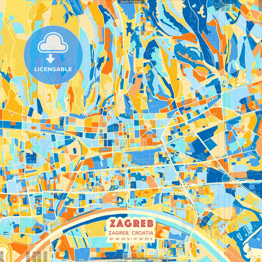 Zagreb, Zagreb, Croatia blue and orange vector art map template
