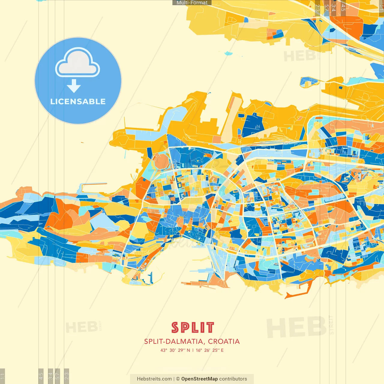 Split, Split-Dalmatia, Croatia blue and orange vector art map template