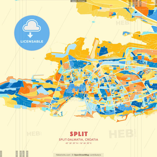 Split, Split-Dalmatia, Croatia blue and orange vector art map template