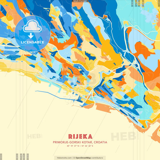Rijeka, Primorje-Gorski Kotar, Croatia blue and orange vector art map template