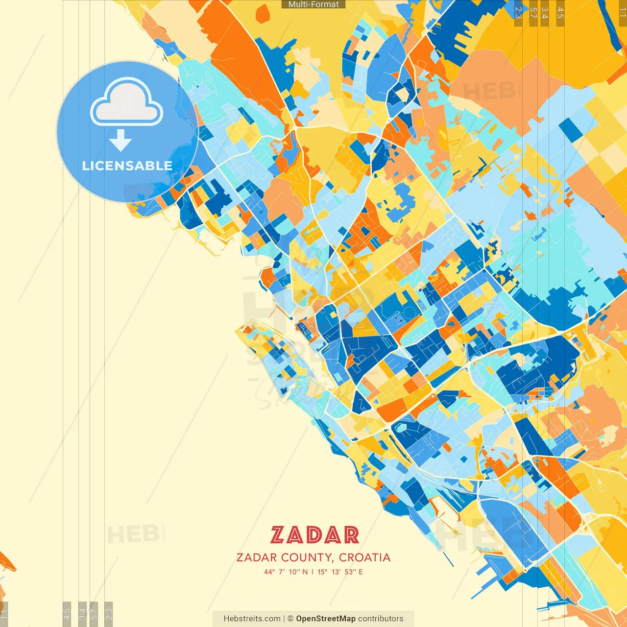 Zadar, Zadar County, Croatia blue and orange vector art map template