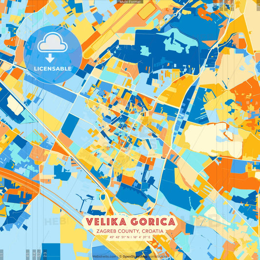 Velika Gorica, Zagreb County, Croatia blue and orange vector art map template