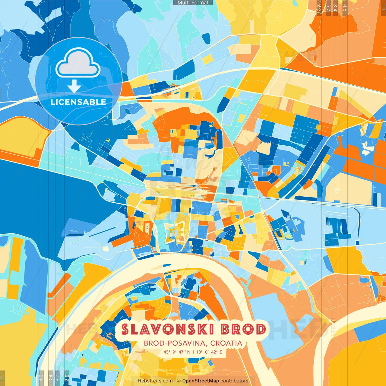 Slavonski Brod, Brod-Posavina, Croatia blue and orange vector art map template