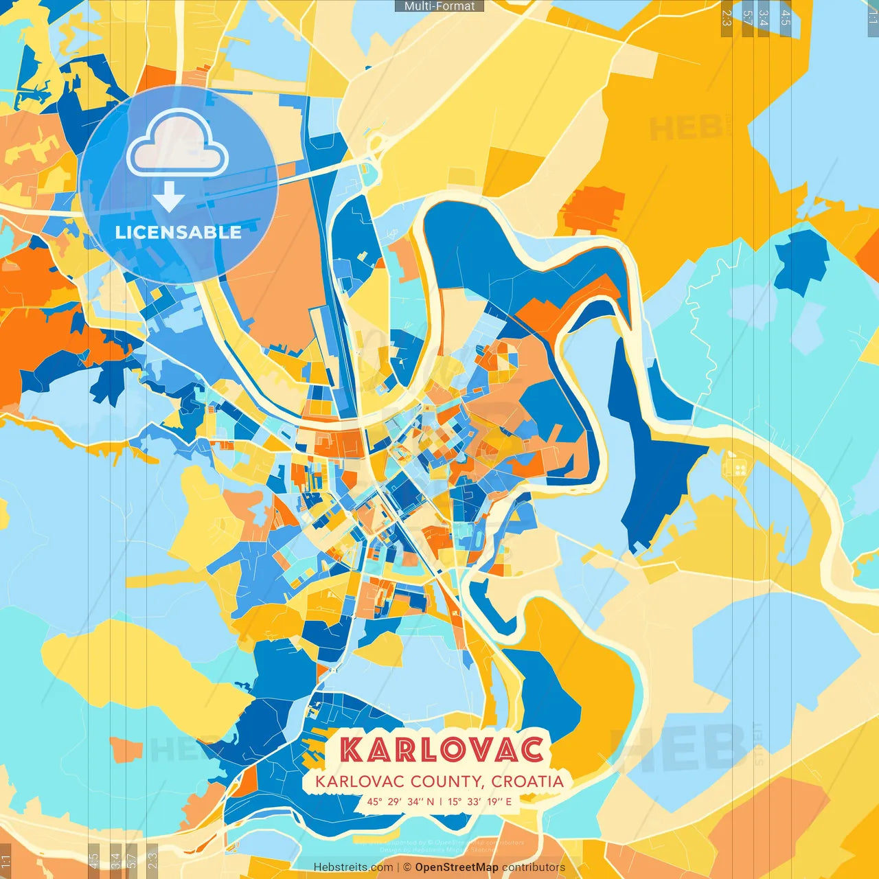 Karlovac, Karlovac County, Croatia blue and orange vector art map template