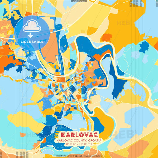 Karlovac, Karlovac County, Croatia blue and orange vector art map template