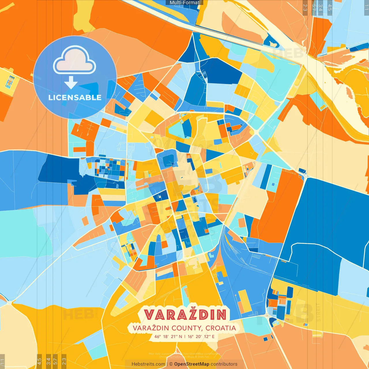 Varaždin, Varaždin County, Croatia blue and orange vector art map template