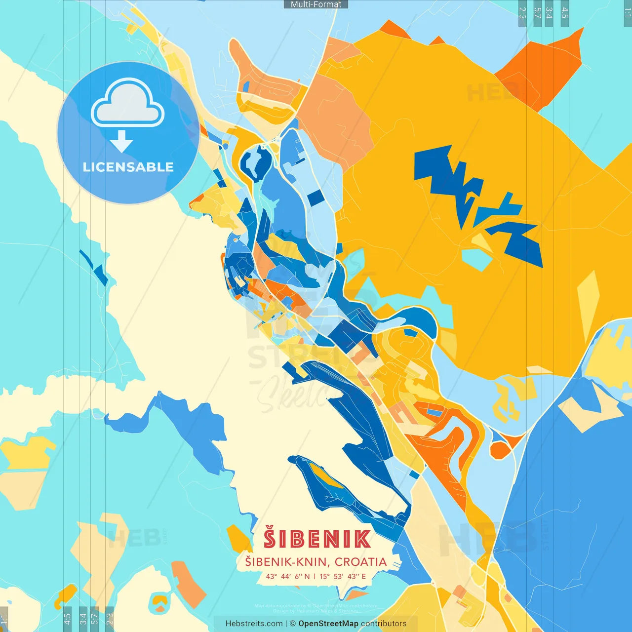 Šibenik, Šibenik-Knin, Croatia blue and orange vector art map template