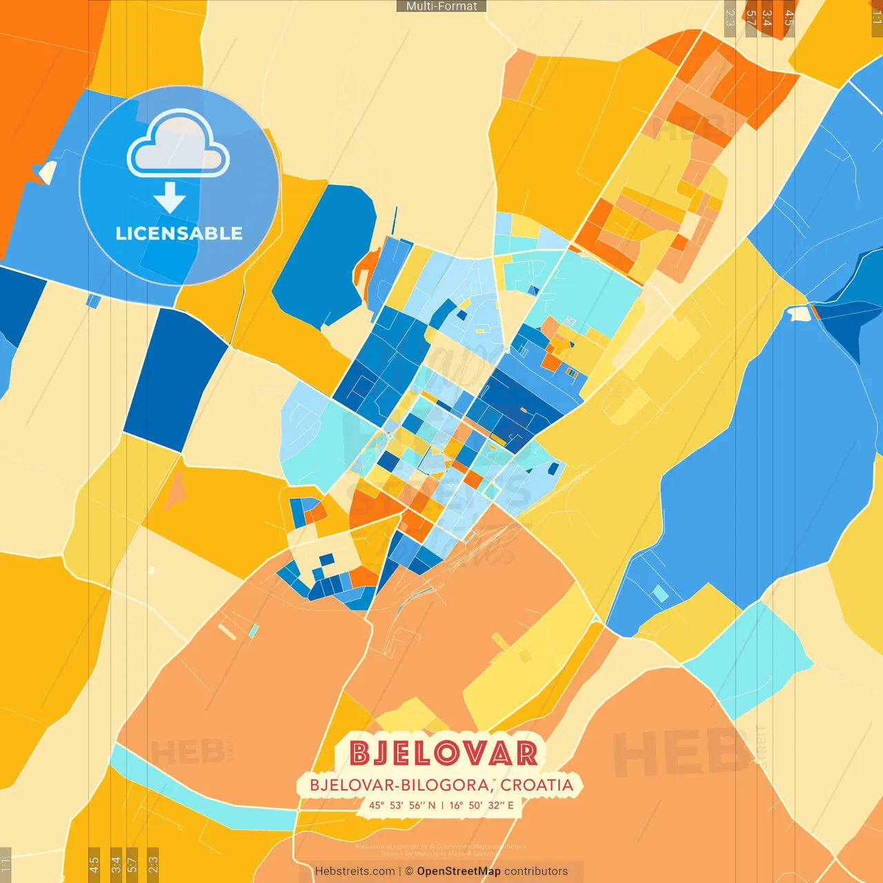 Bjelovar, Bjelovar-Bilogora, Croatia blue and orange vector art map template