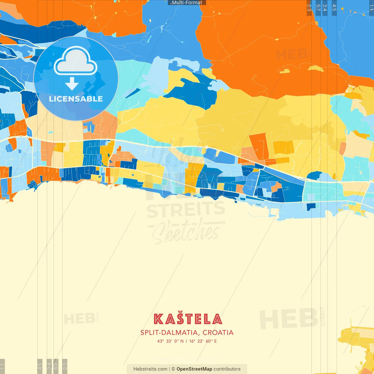 Kaštela, Split-Dalmatia, Croatia blue and orange vector art map template