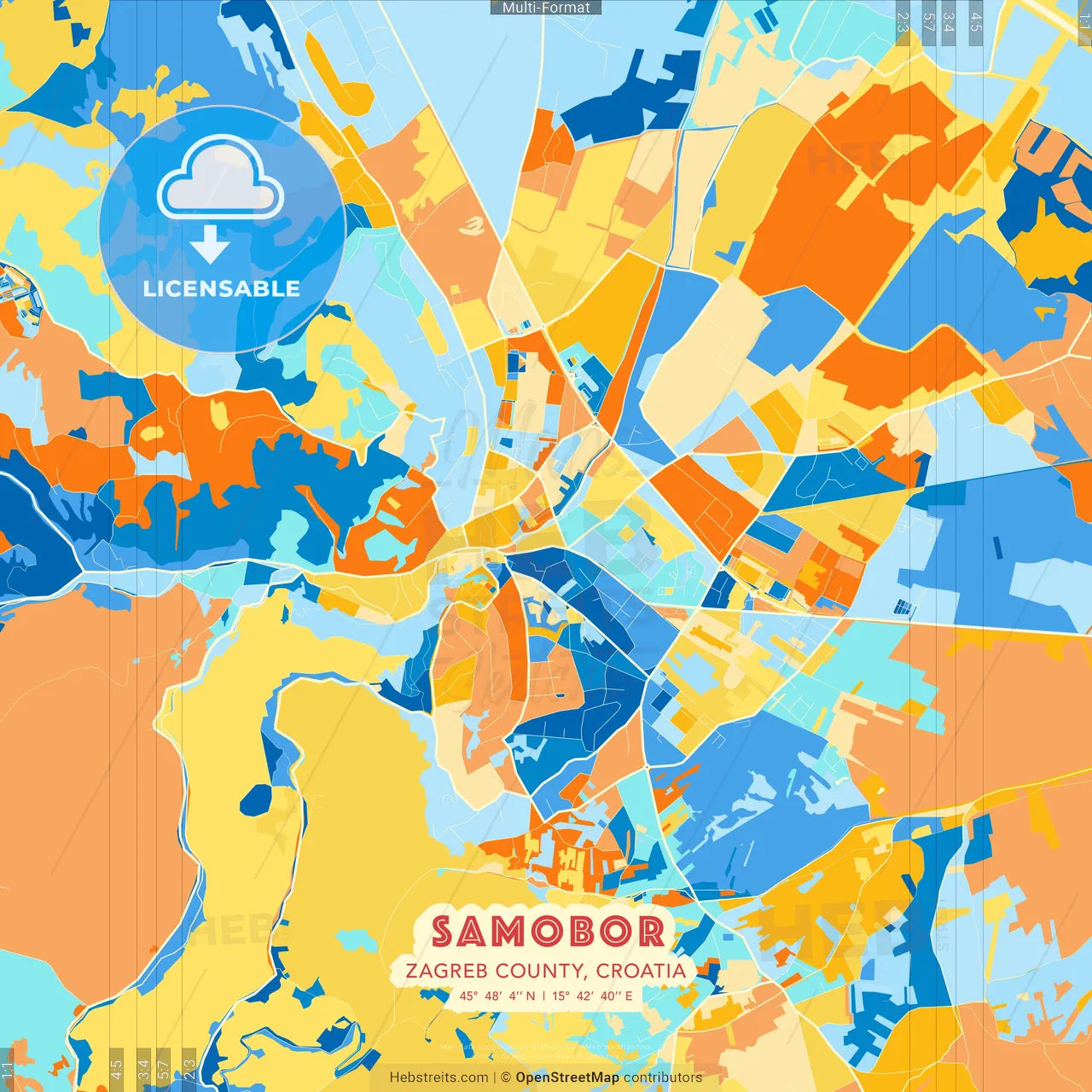 Samobor, Zagreb County, Croatia blue and orange vector art map template