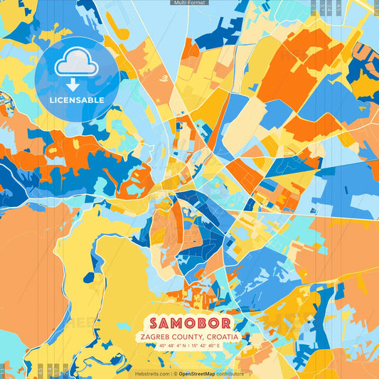 Samobor, Zagreb County, Croatia blue and orange vector art map template