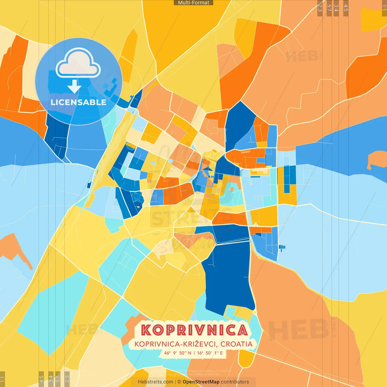 Koprivnica, Koprivnica-Križevci, Croatia blue and orange vector art map template