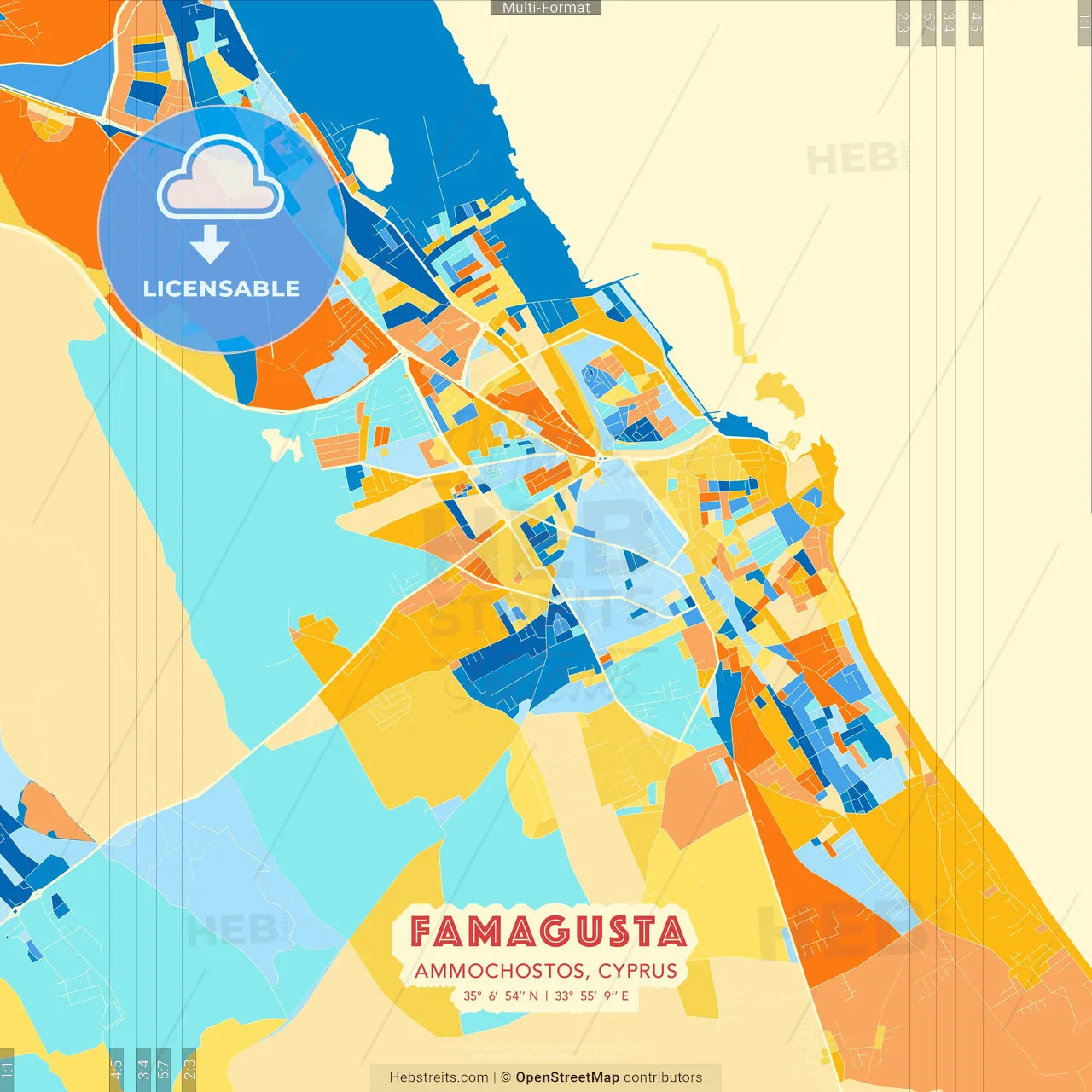 Famagusta  , Ammochostos, Cyprus blue and orange vector art map template