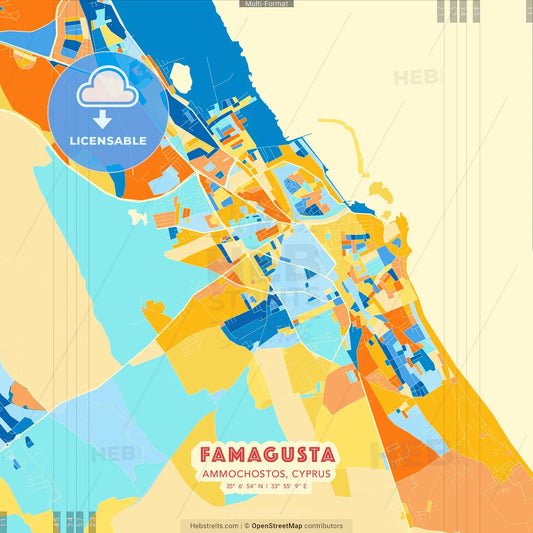 Famagusta  , Ammochostos, Cyprus blue and orange vector art map template