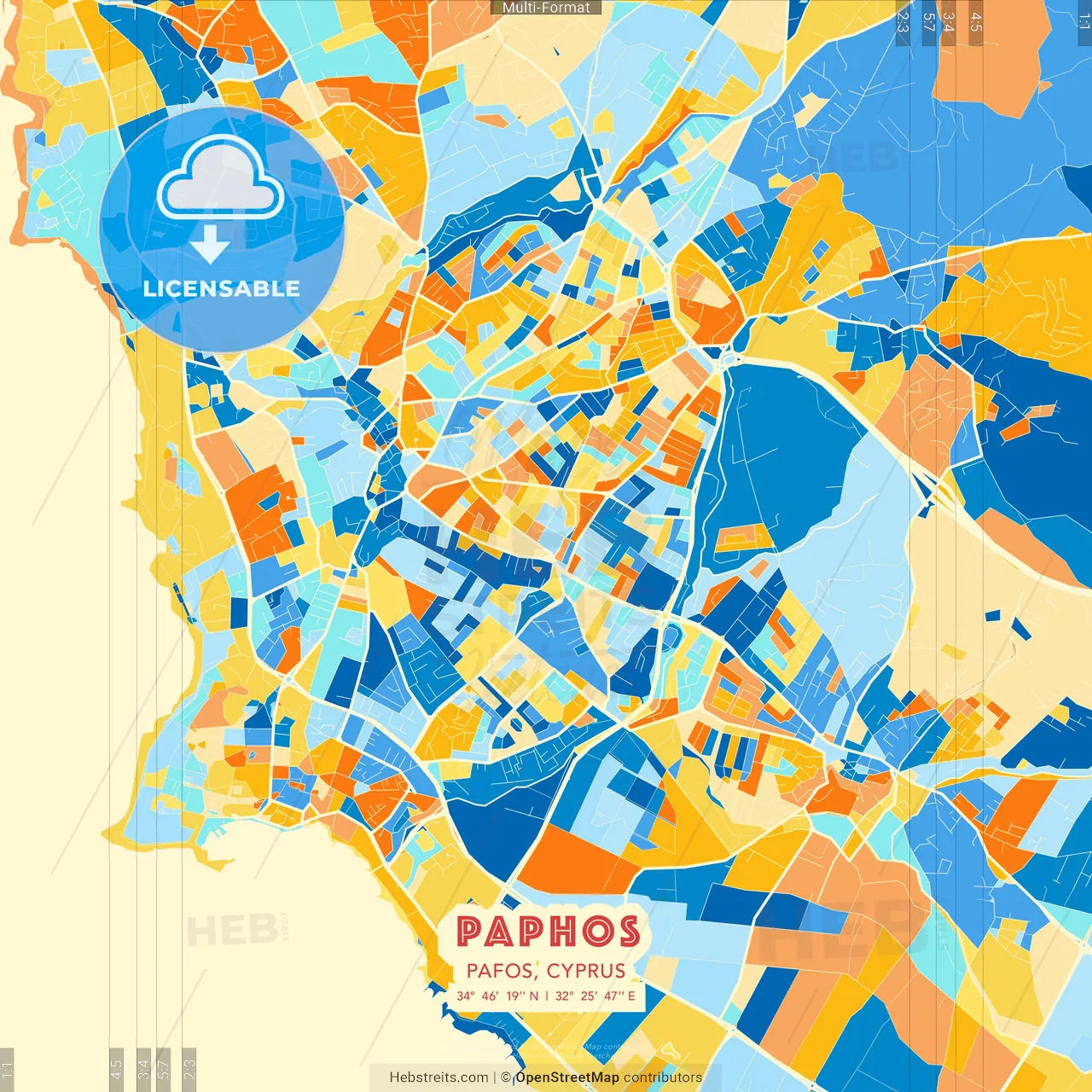 Paphos  , Pafos, Cyprus blue and orange vector art map template