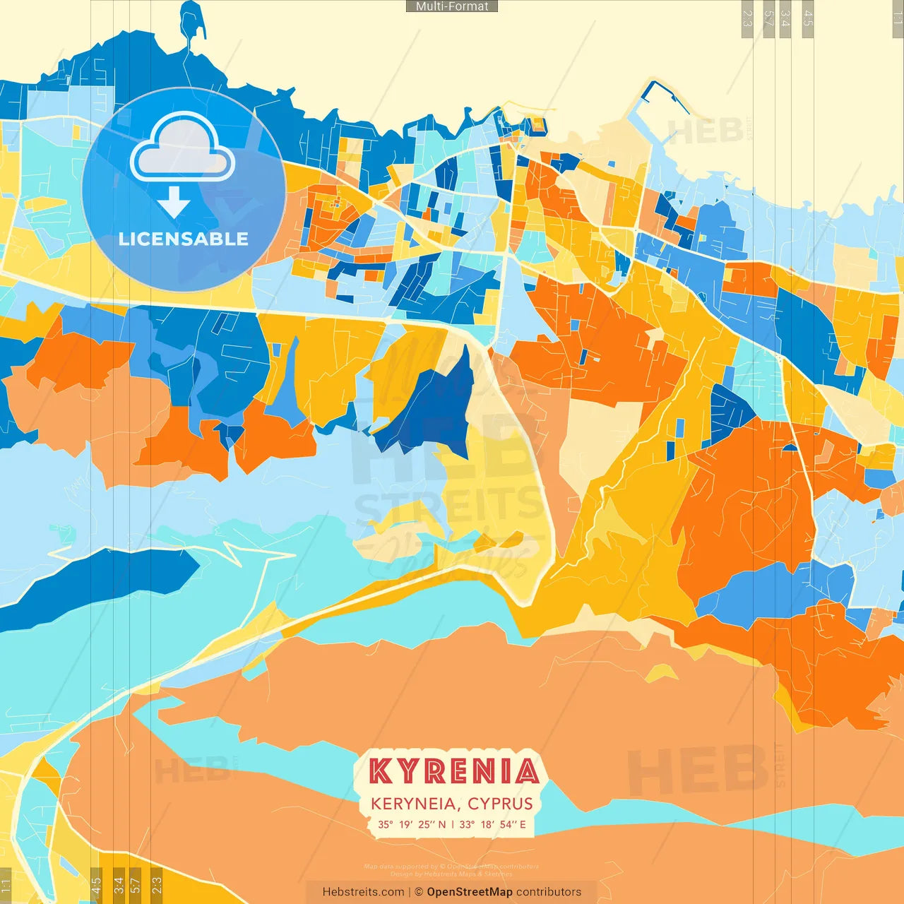 Kyrenia  , Keryneia, Cyprus blue and orange vector art map template