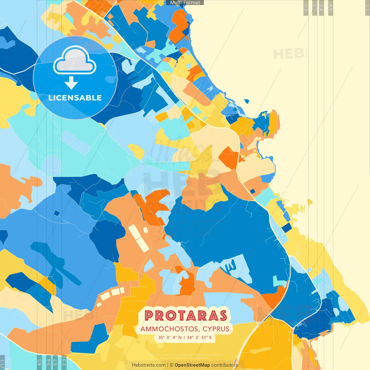 Protaras  , Ammochostos, Cyprus blue and orange vector art map template