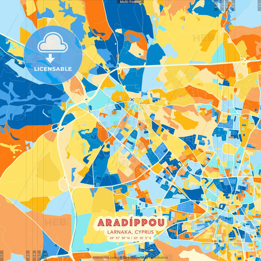 Aradíppou  , Larnaka, Cyprus blue and orange vector art map template