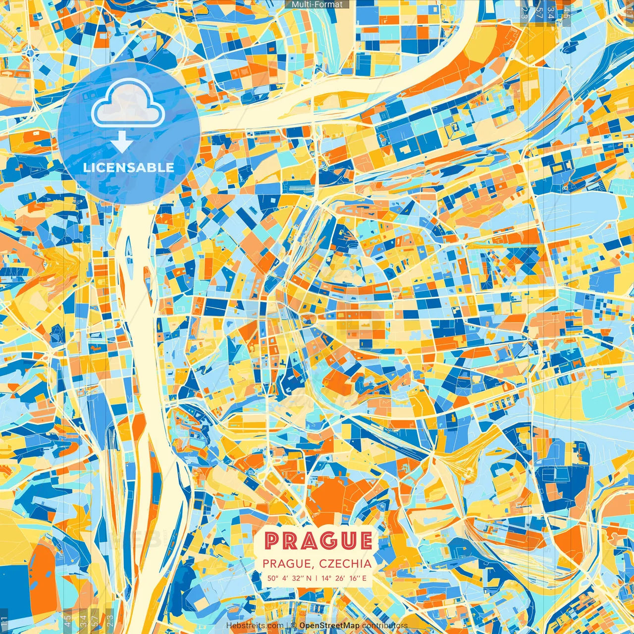 Prague, Prague, Czechia blue and orange vector art map template