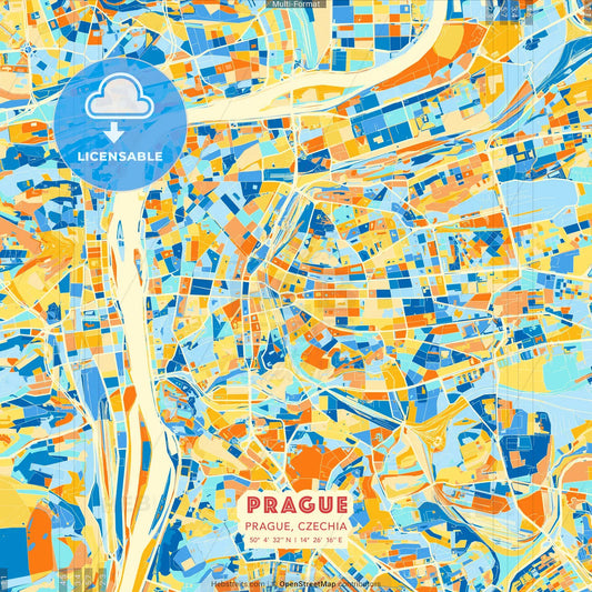 Prague, Prague, Czechia blue and orange vector art map template