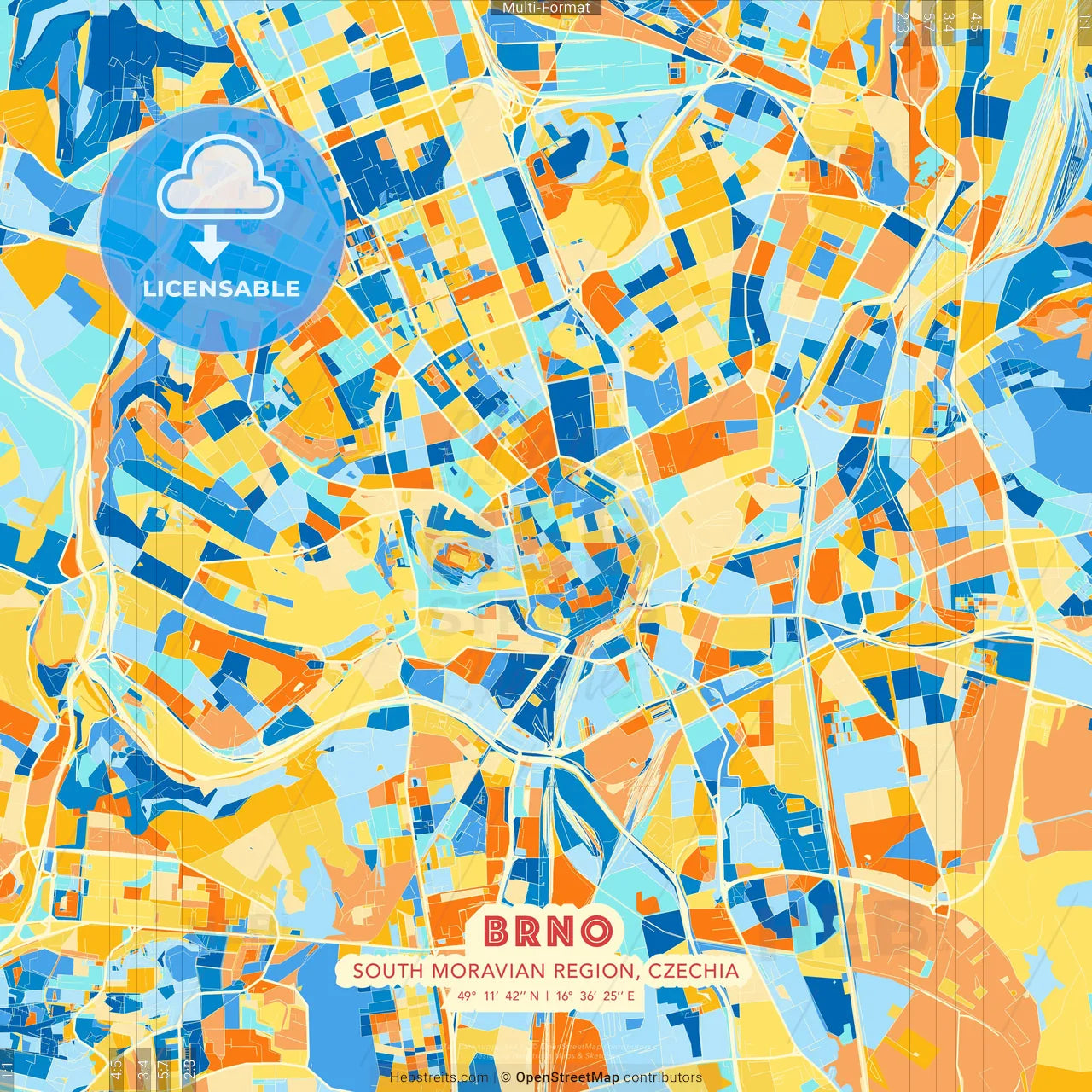 Brno, South Moravian Region, Czechia blue and orange vector art map template