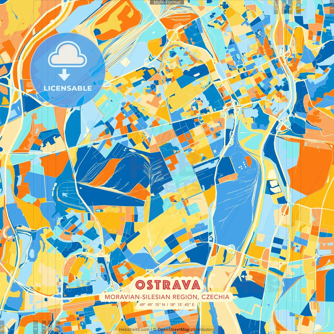 Ostrava, Moravian-Silesian Region, Czechia blue and orange vector art map template