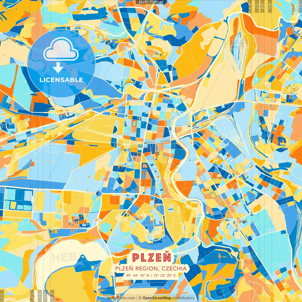 Plzeň, Plzeň Region, Czechia blue and orange vector art map template