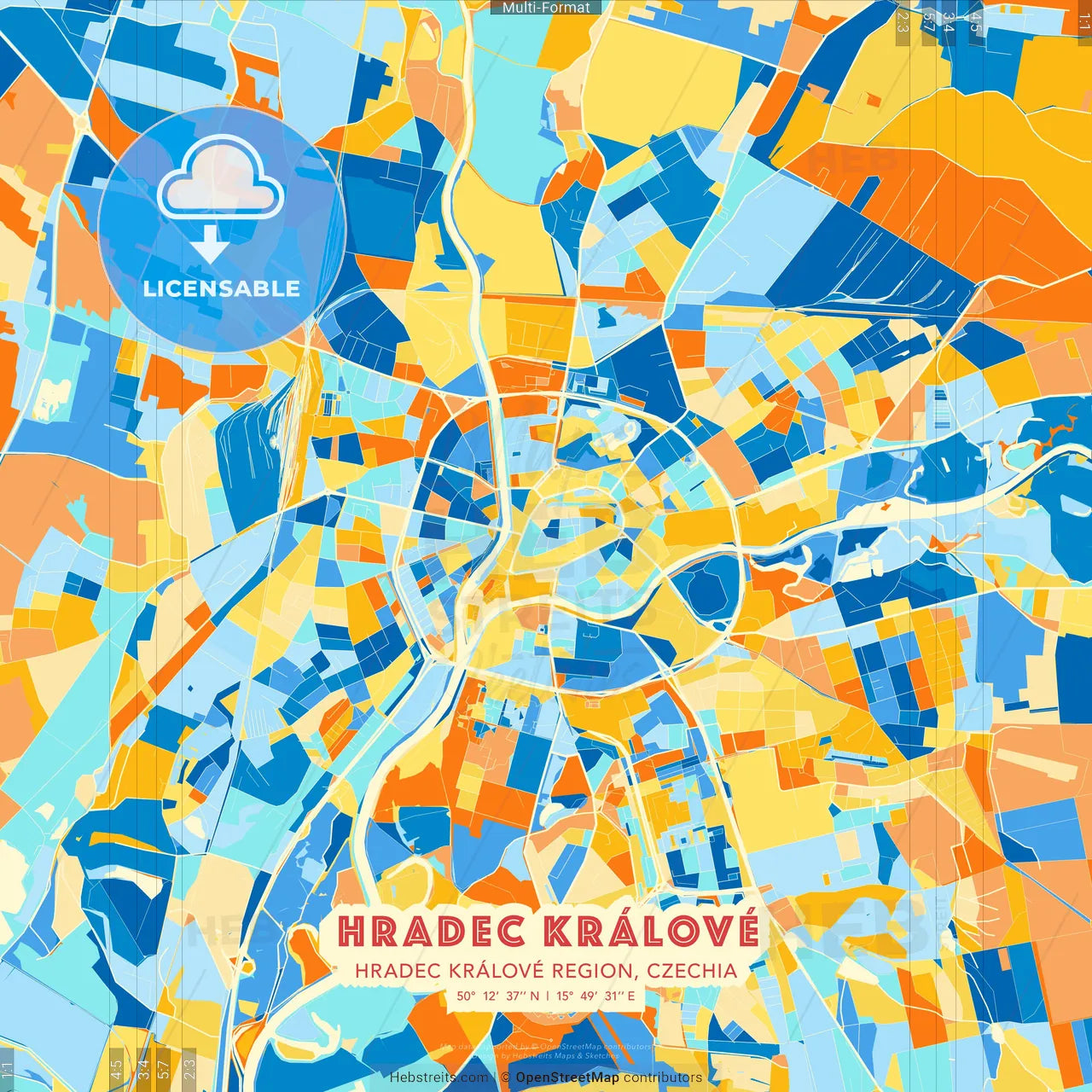 Hradec Králové, Hradec Králové Region, Czechia blue and orange vector art map template