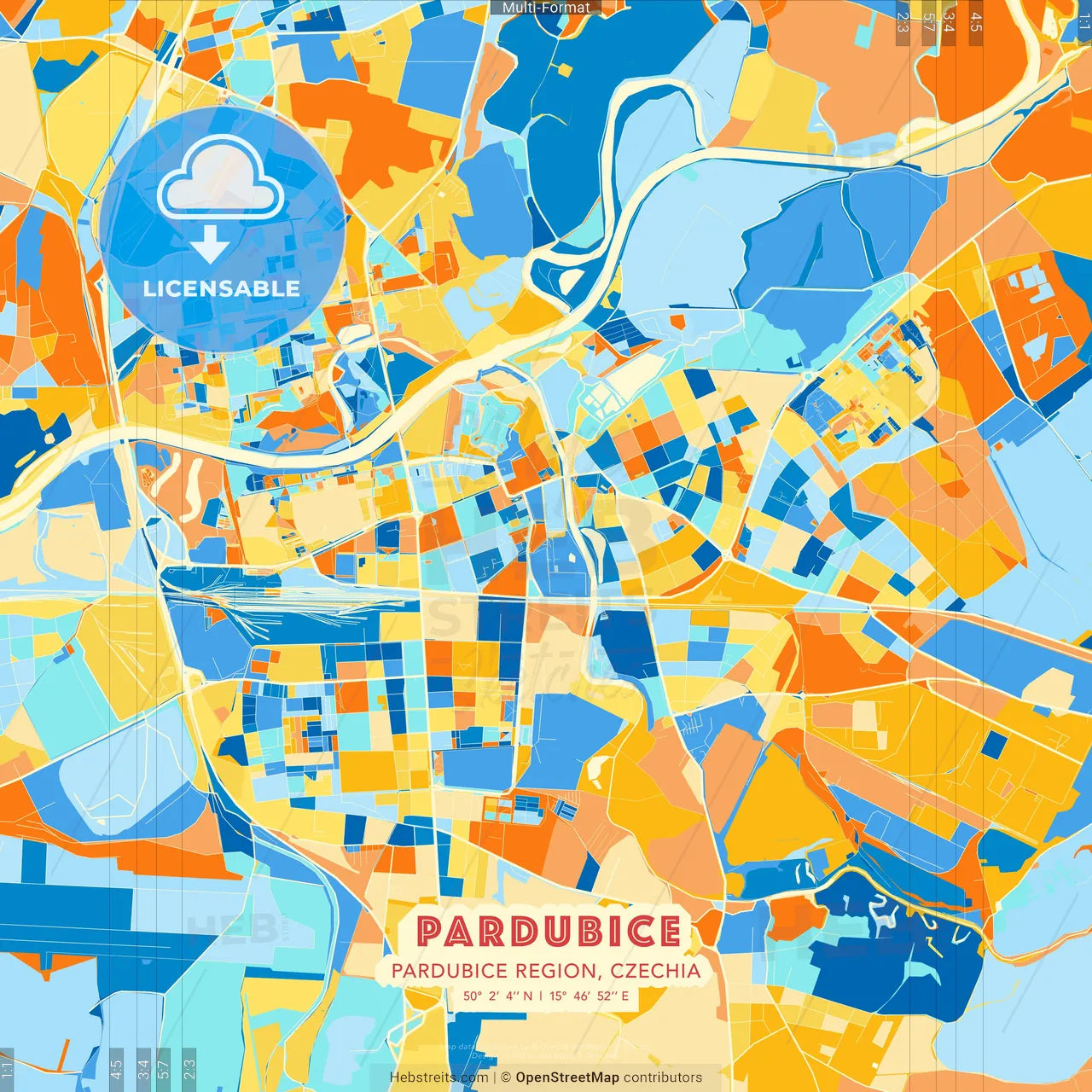Pardubice, Pardubice Region, Czechia blue and orange vector art map template