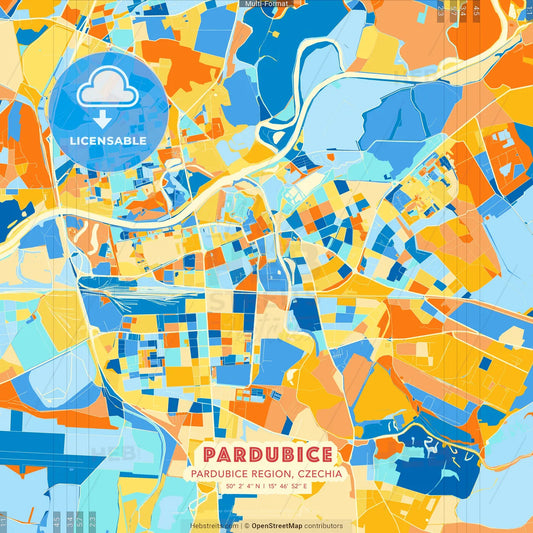Pardubice, Pardubice Region, Czechia blue and orange vector art map template