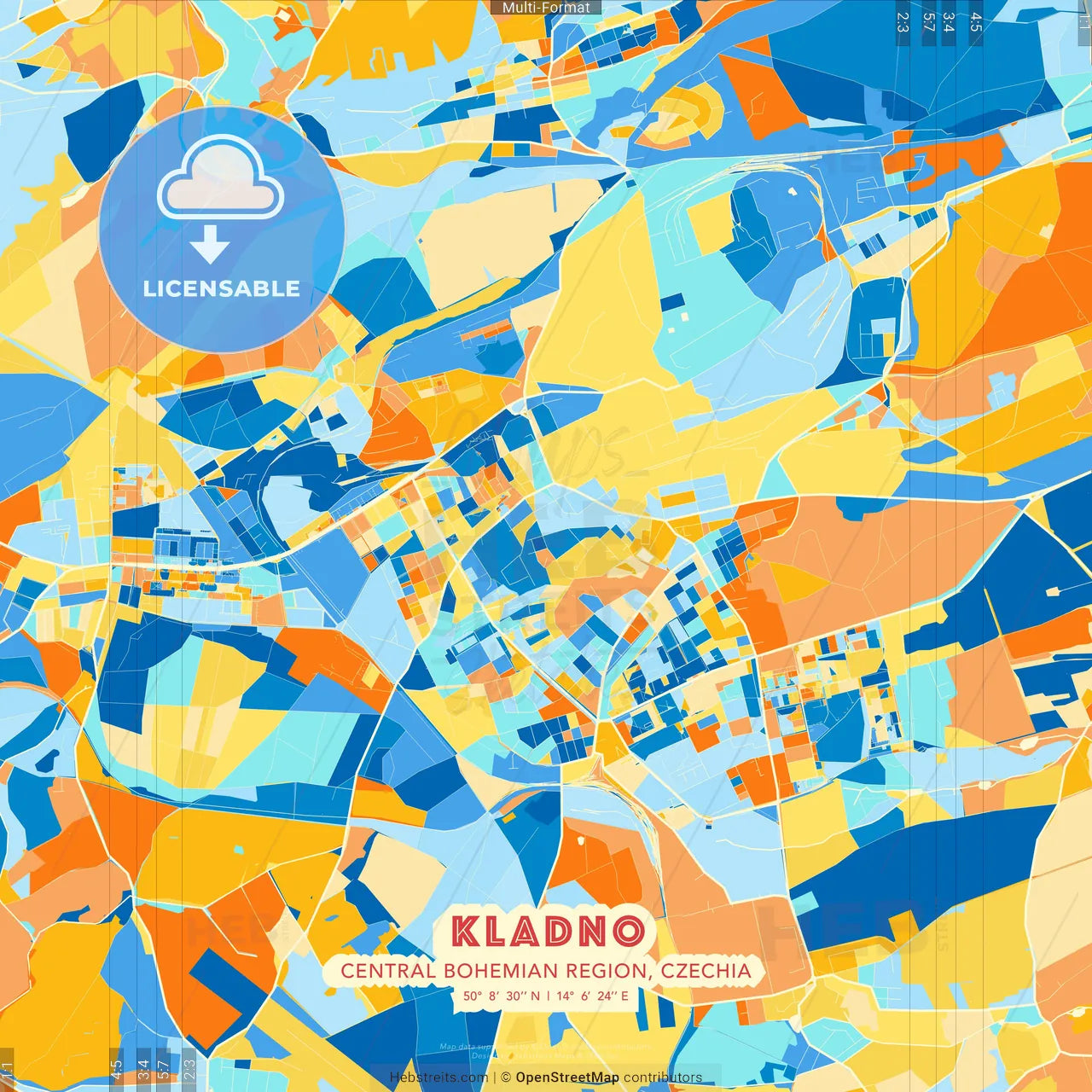 Kladno, Central Bohemian Region, Czechia blue and orange vector art map template