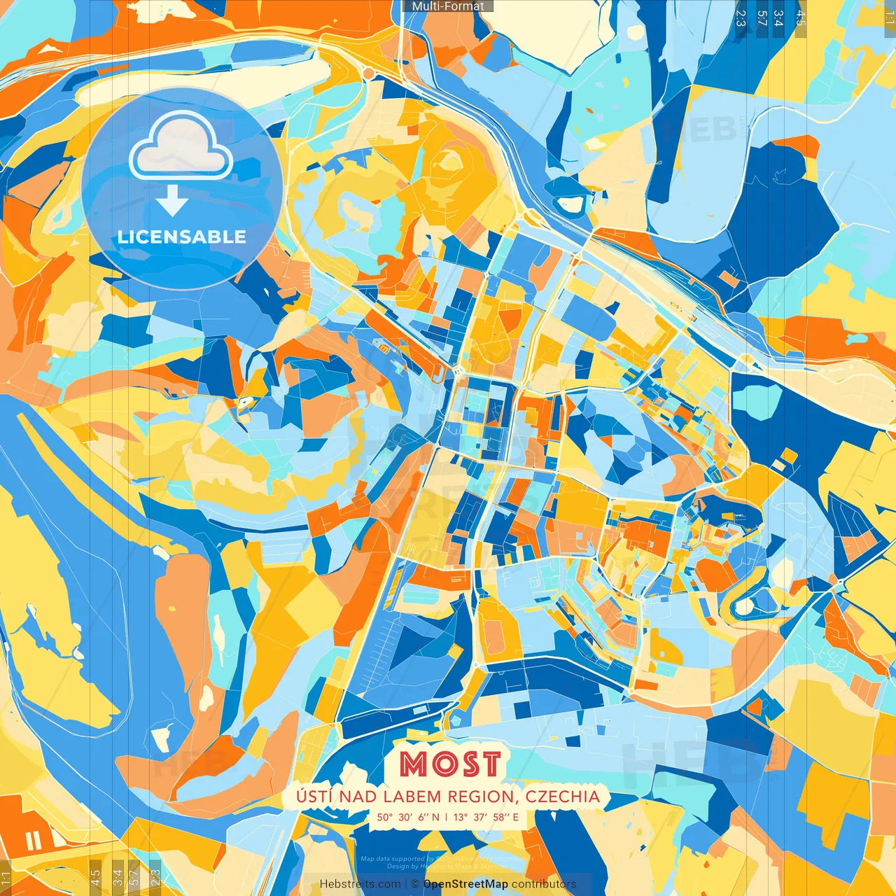 Most, Ústí nad Labem Region, Czechia blue and orange vector art map template
